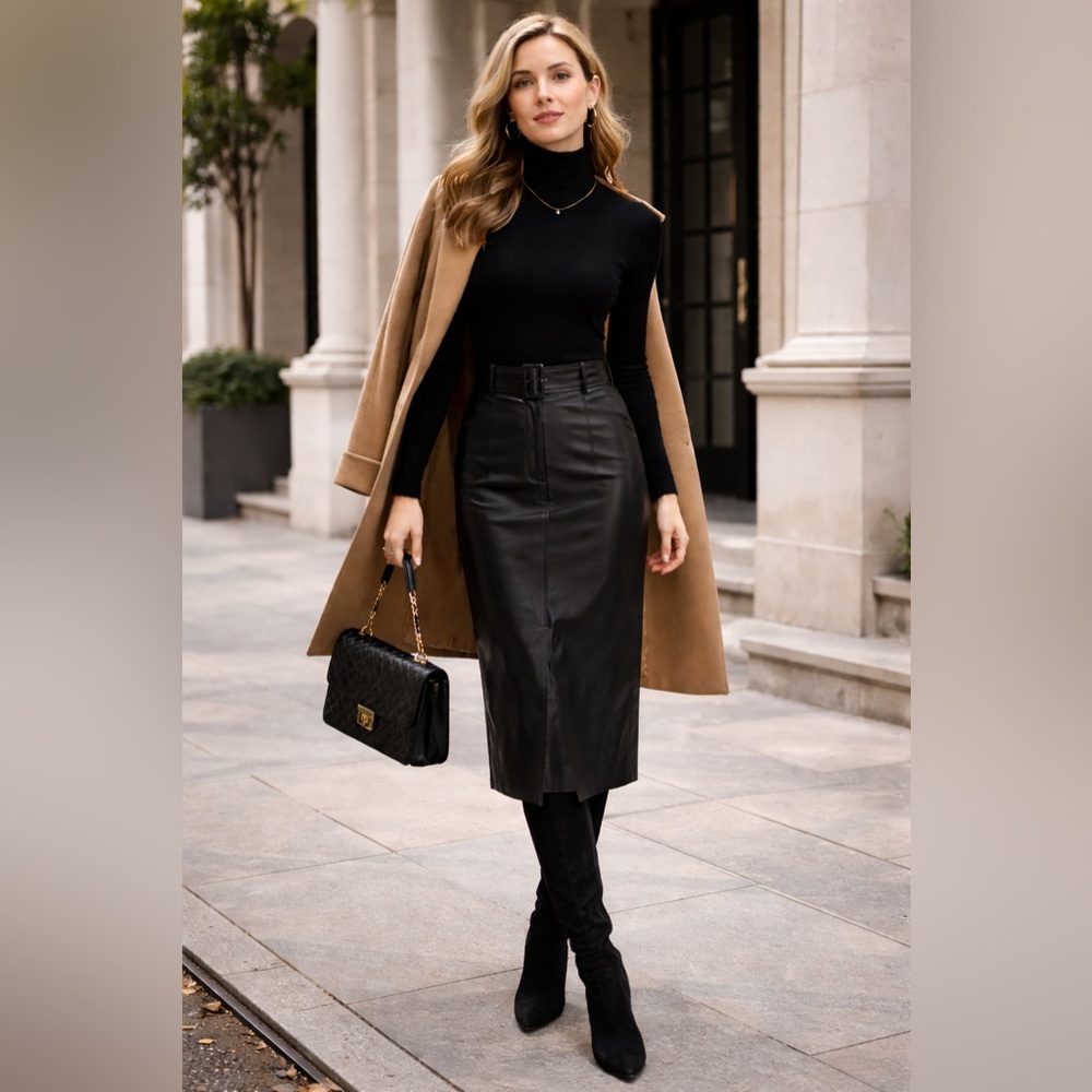 SEN Black Faux Leather Midi Skirt Belted High Waist Size S